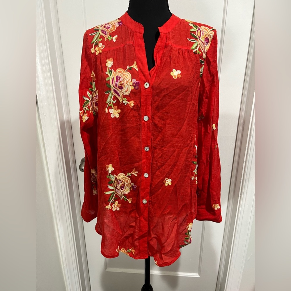 Red long sleeve light weight button down shirt